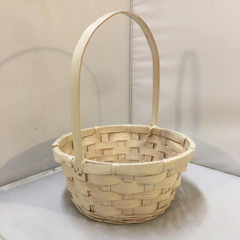 Woven Wood Basket White Small Natural Round High Handle Splint Weave Coastal